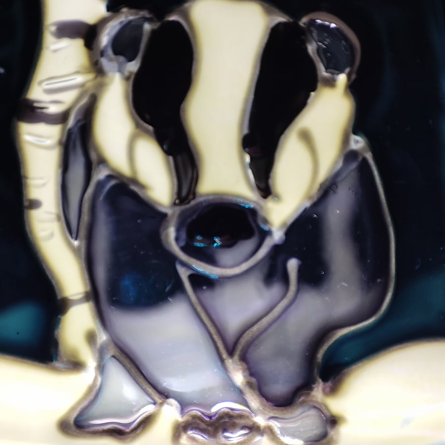 Candle holder, hand painted glass, badger