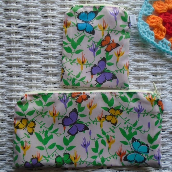 Butterflies Gift Set Purse & Small Make Up Bag or Pencil Case.