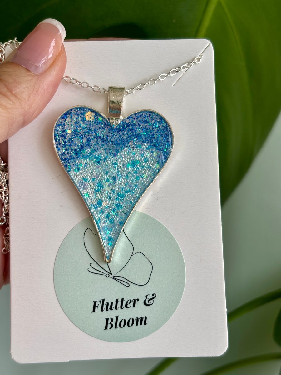 Celestial Drift Necklace — Iridescent Blue Heart Pendant