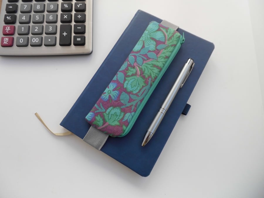 Elasticated pencil case for cover of book diary journal purple and green 