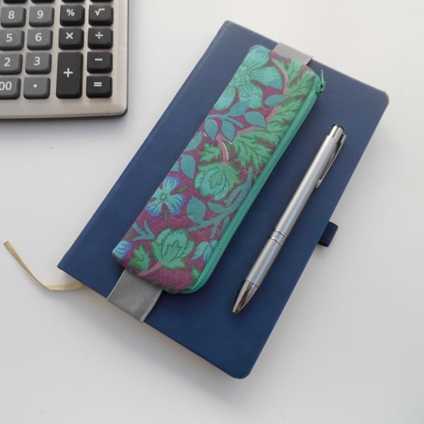 Elasticated pencil case for cover of book diary journal purple and green 