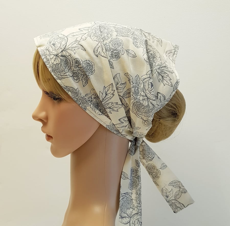 Wide floral hair covering for women, self tie head scarf, hair scarf, bandanna