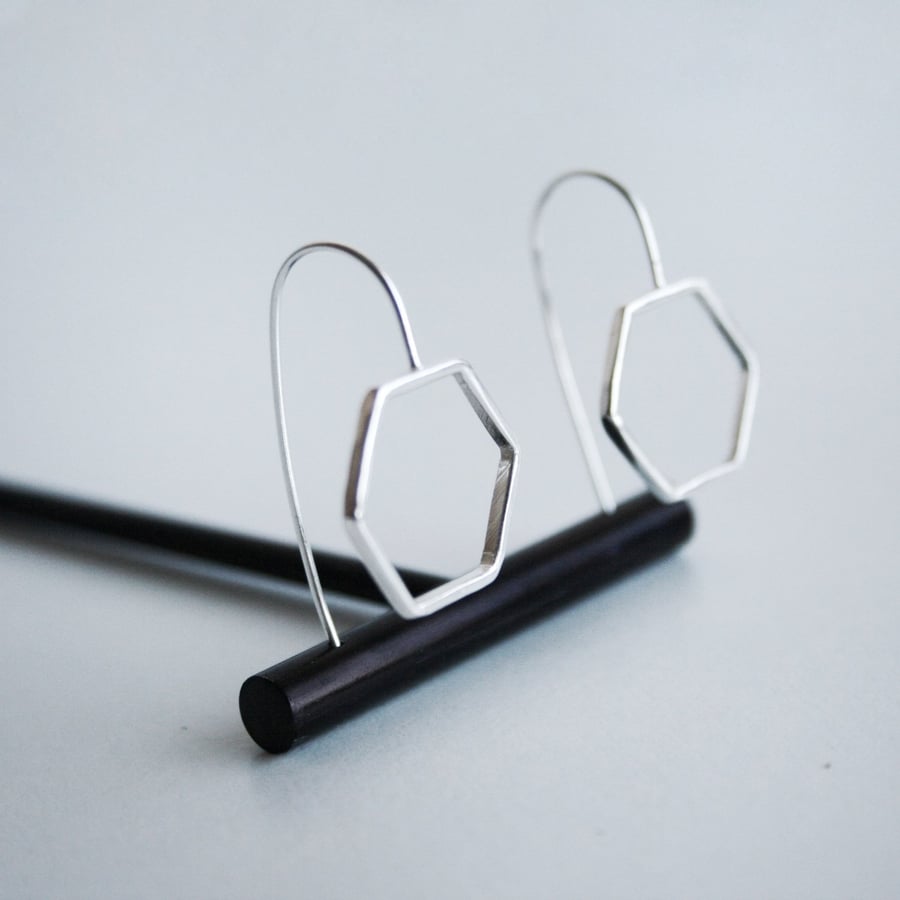 Hexagon Hook Drop Earrings - Sterling Silver