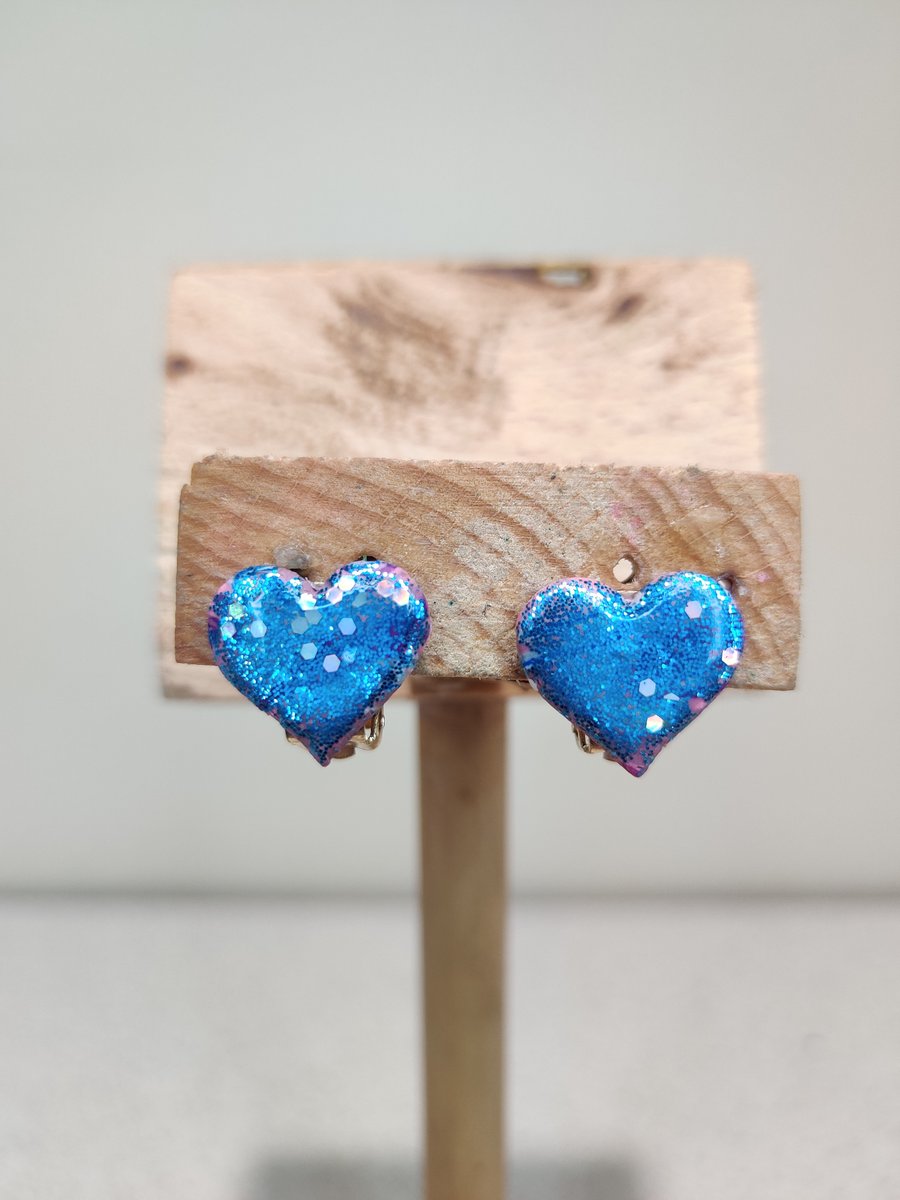 Blue glitter heart polymer clay earrings 