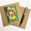 Up-cycled embroidered flower garden card. 