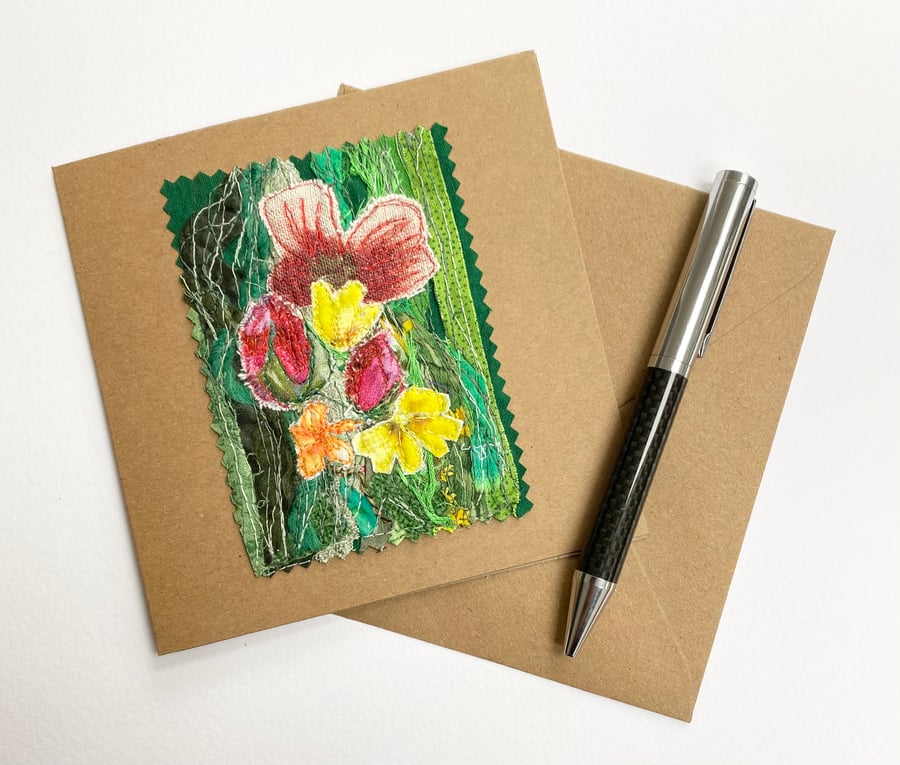 Up-cycled embroidered flower garden card. 