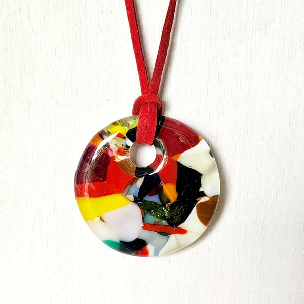 Fused Glass Cast Pendant on Soft Suede