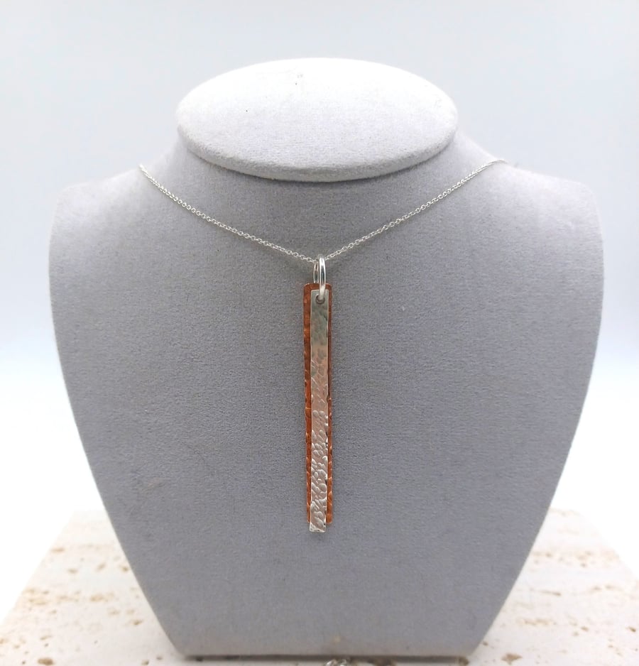 Hammered Copper and Sterling Silver Bar Pendant Necklace, Textured Metal Pendant