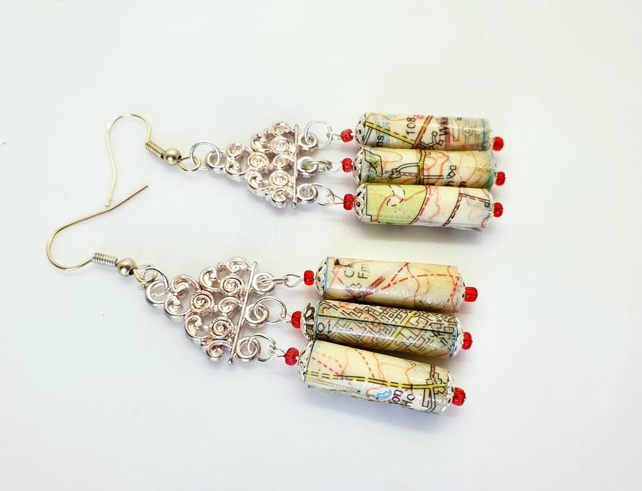 Ornate paper beaded chandelier earrings made with old map of Oxford