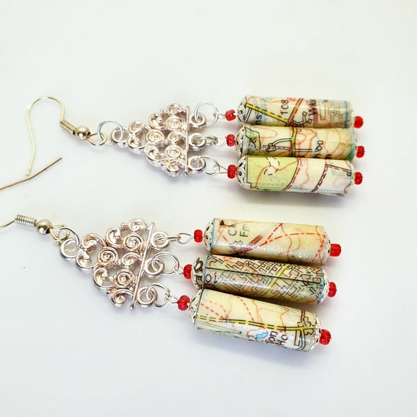 Ornate paper beaded chandelier earrings made with old map of Oxford