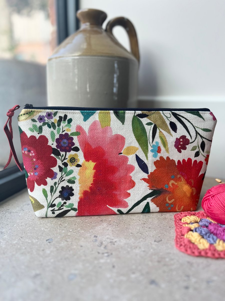 Bright floral linen and denim zip pouch large bag with yellow cotton lining