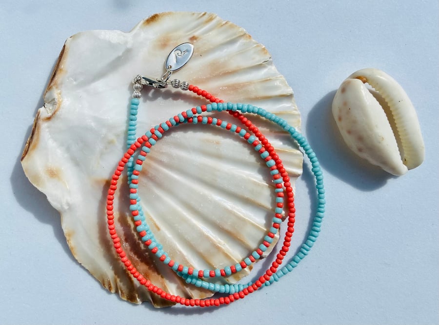 Pastel Coral & Turquoise Triple Wrap Bead Bracelet with Sterling Silver Detail