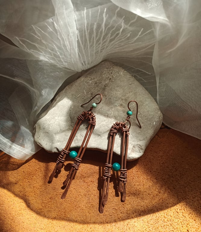 "Moonlight" Rustic Oxidised Copper Wire Earrings with Blue Glass  Beads