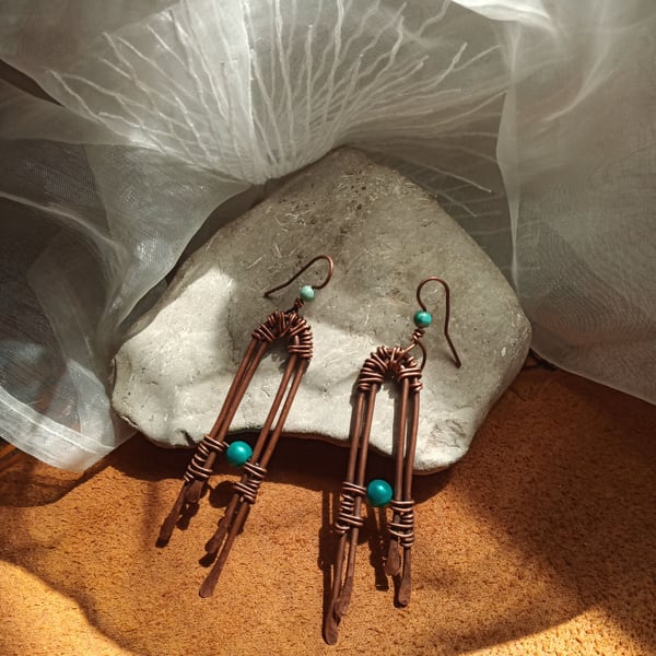 "Moonlight" Rustic Oxidised Copper Wire Earrings with Blue Glass  Beads