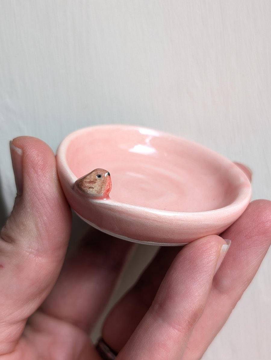 Pink ceramic tealight robin & birdprints handmade pottery candle holder 