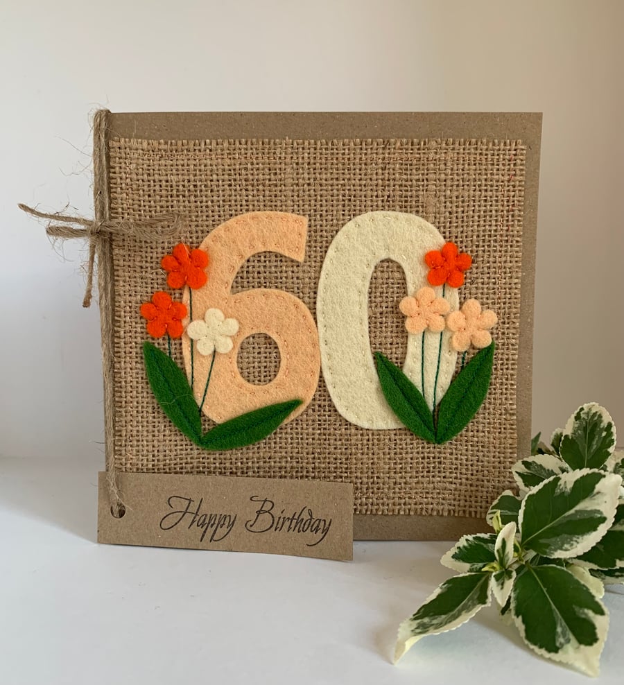 60th Handmade Birthday Card from wool felt. Keepsake Card. Textile card.