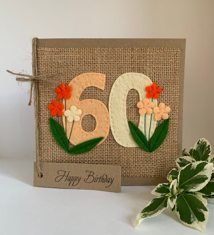 60th Handmade Birthday Card from wool felt. Keepsake Card. Textile card.