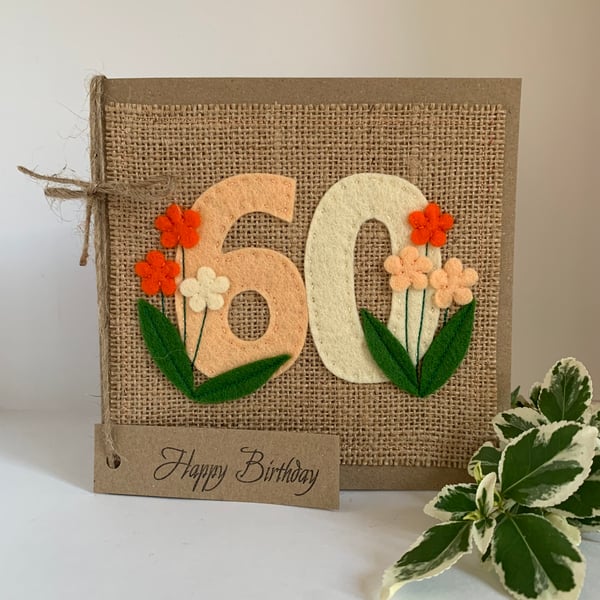 60th Handmade Birthday Card from wool felt. Keepsake Card. Textile card.