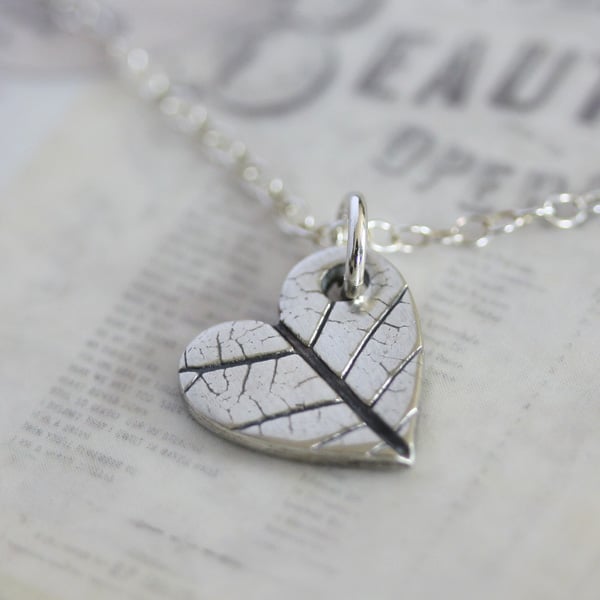 Fine silver heart necklace with leaf print 