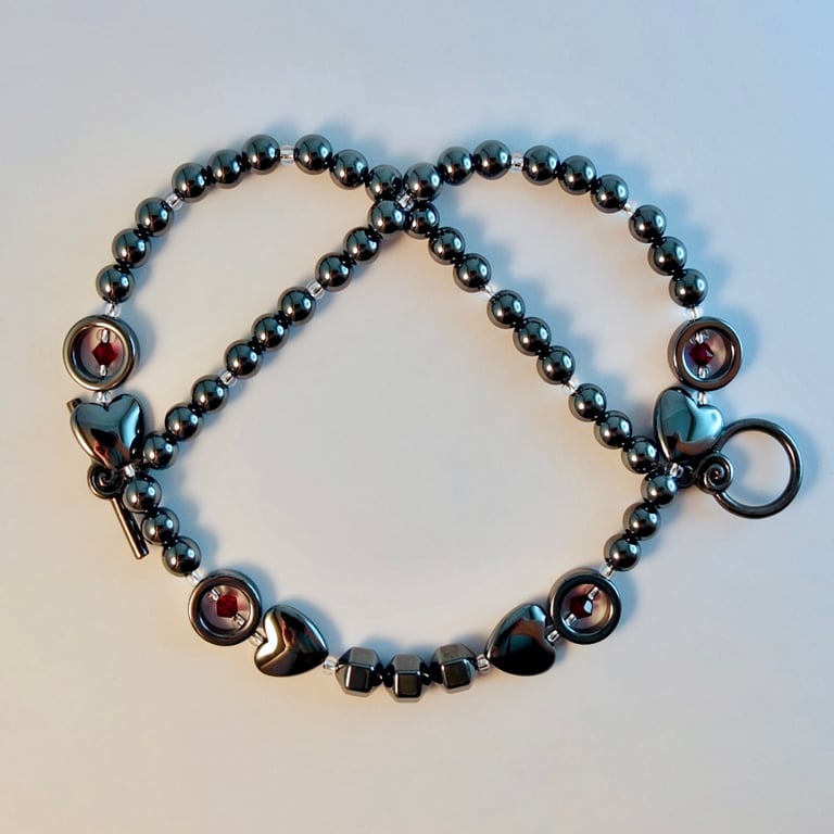 Hematite Heart Necklace With Red Crystal, Birthday, Mother's Day, Valentine Gift