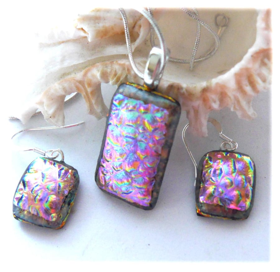 SOLD Dichroic Glass Pendant Earring Set 080 Pink Teal with Silver Plated Chain