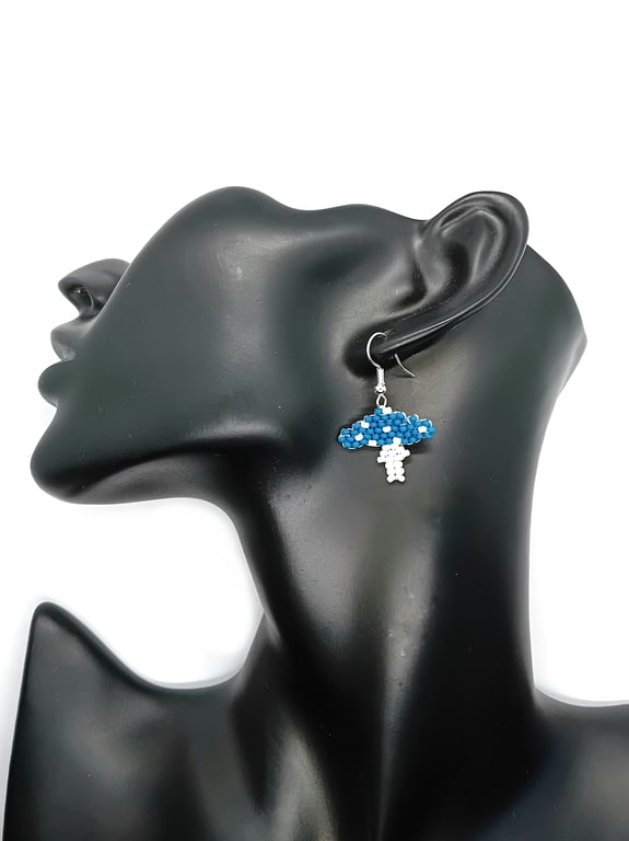 Blue and white magic mushroom earrings