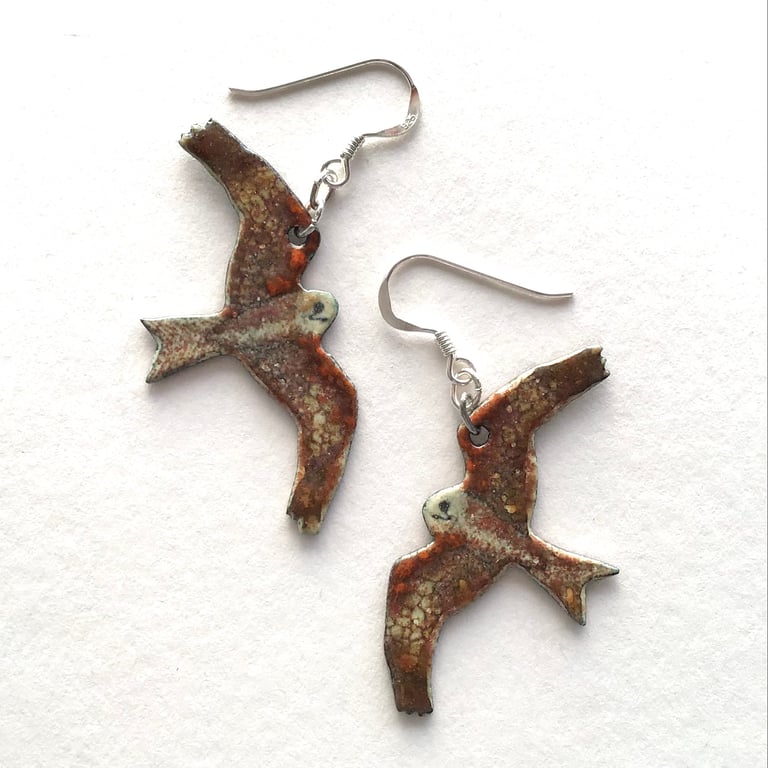 Red Kite Earrings - Bird of Prey-shaped Pendant Earrings in Enamels
