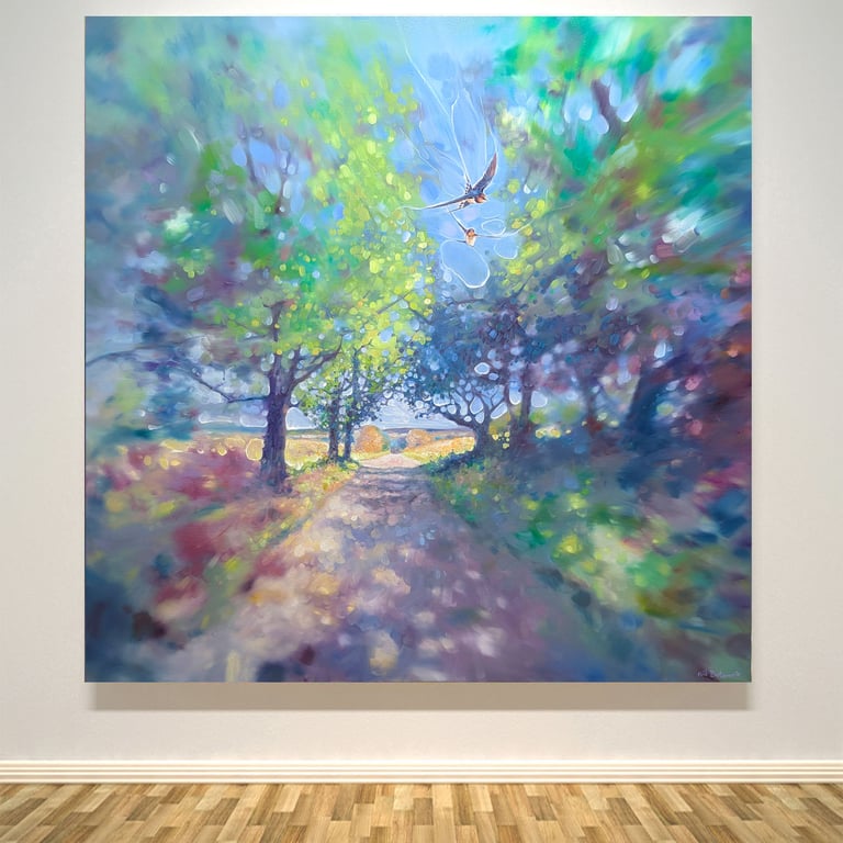 Farewell Swallows is a large original oil painting of two swallows in a semi-abs