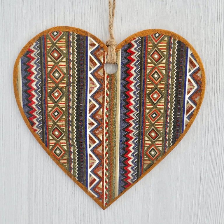 Decoupaged Wooden Hanging Heart: Patterned Stripe design 6” (15cm)