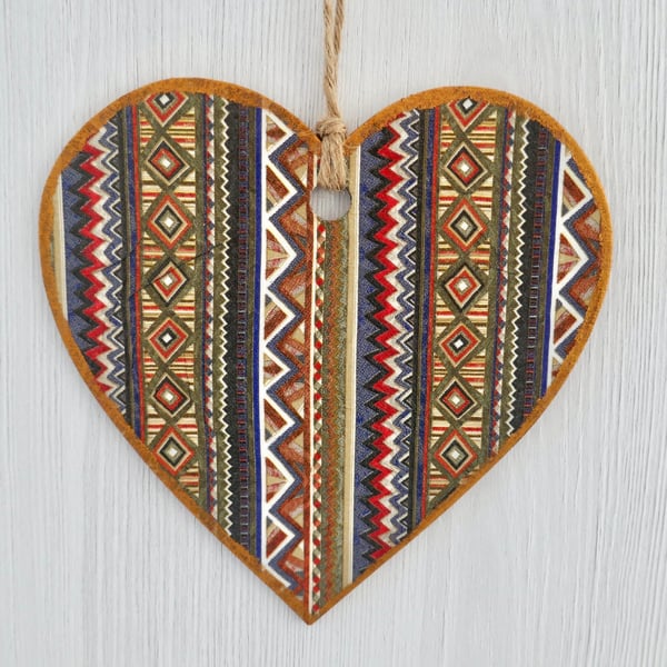 Patterned Stripe: Decoupaged Wooden Hanging Heart 6” (15cm)