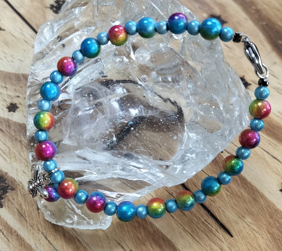 BR460 Rainbow miracle bead  bracelet with heart clasp and bee