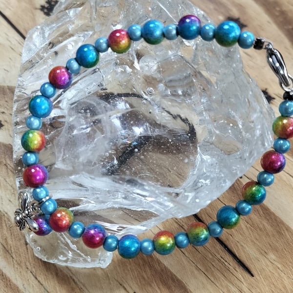 BR460 Rainbow miracle bead  bracelet with heart clasp and bee