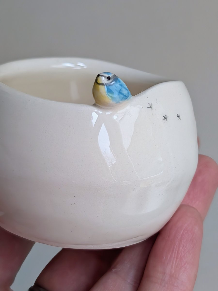Ceramic Tealight Blue Tit & birdprints pottery candle holder Perfectly Imperfect