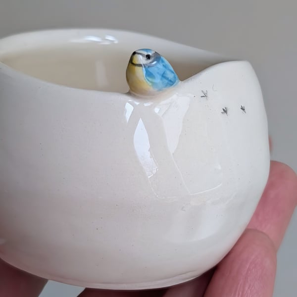 Ceramic Tealight Blue Tit & birdprints pottery candle holder Perfectly Imperfect
