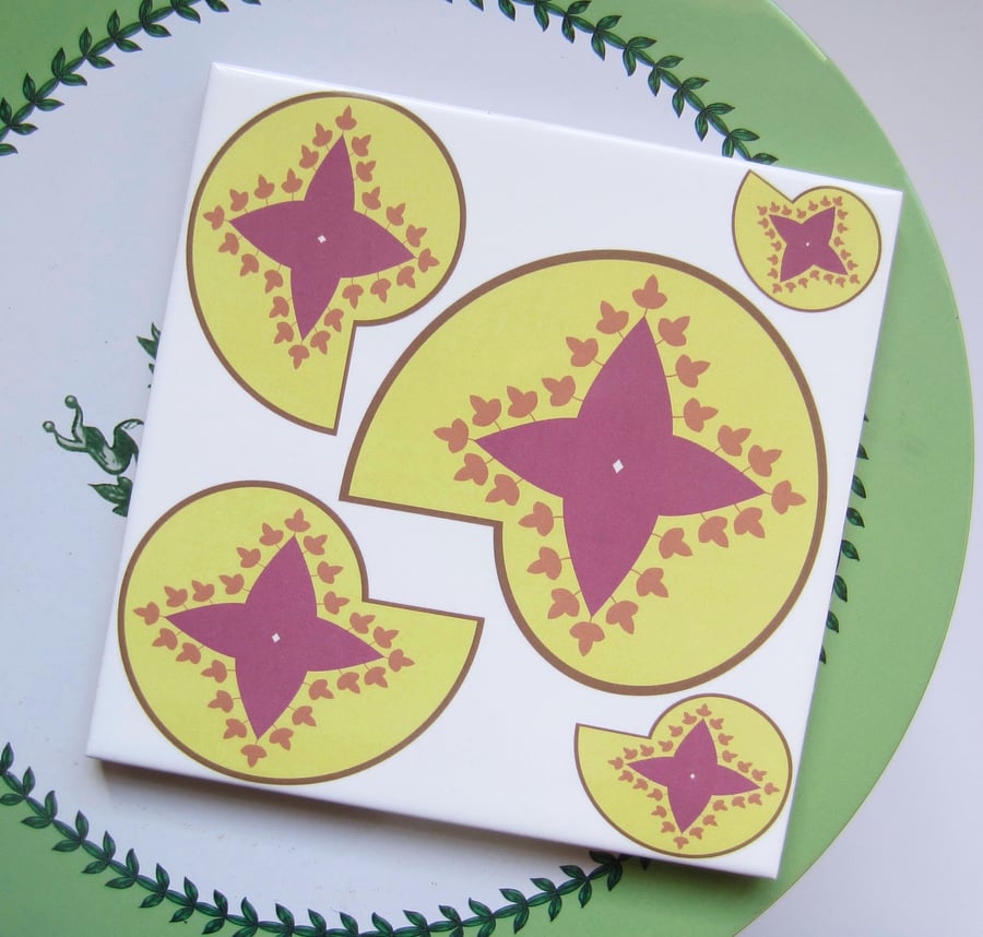 Yellow and Pink Paisley Pattern Ceramic Tile Trivet with Cork Backing