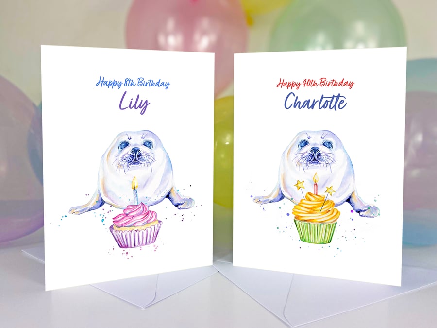 Fun seal pup personalised birthday card, any name and age, 5th, 16th, 40th