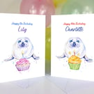 Fun seal pup personalised birthday card, any name and age, 5th, 16th, 40th