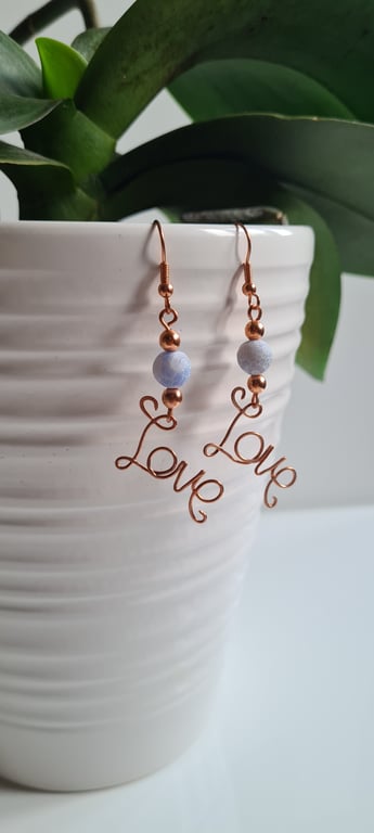 Blue Crackled Agate & Copper Dangle LOVE Earrings Gift Crystal Jewellery Jewelry