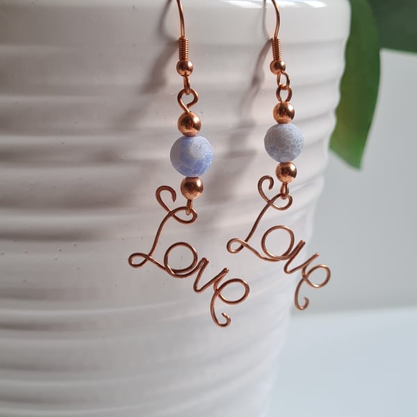 Blue Crackled Agate & Copper Dangle LOVE Earrings Gift Crystal Jewellery Jewelry