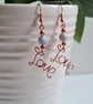Blue Crackled Agate & Copper Dangle LOVE Earrings Gift Crystal Jewellery Jewelry - Image 1