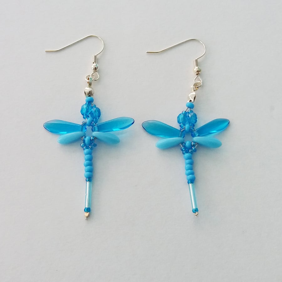 Beaded Dragonflies Earrings – Turquoise Blue and Opaque Blue