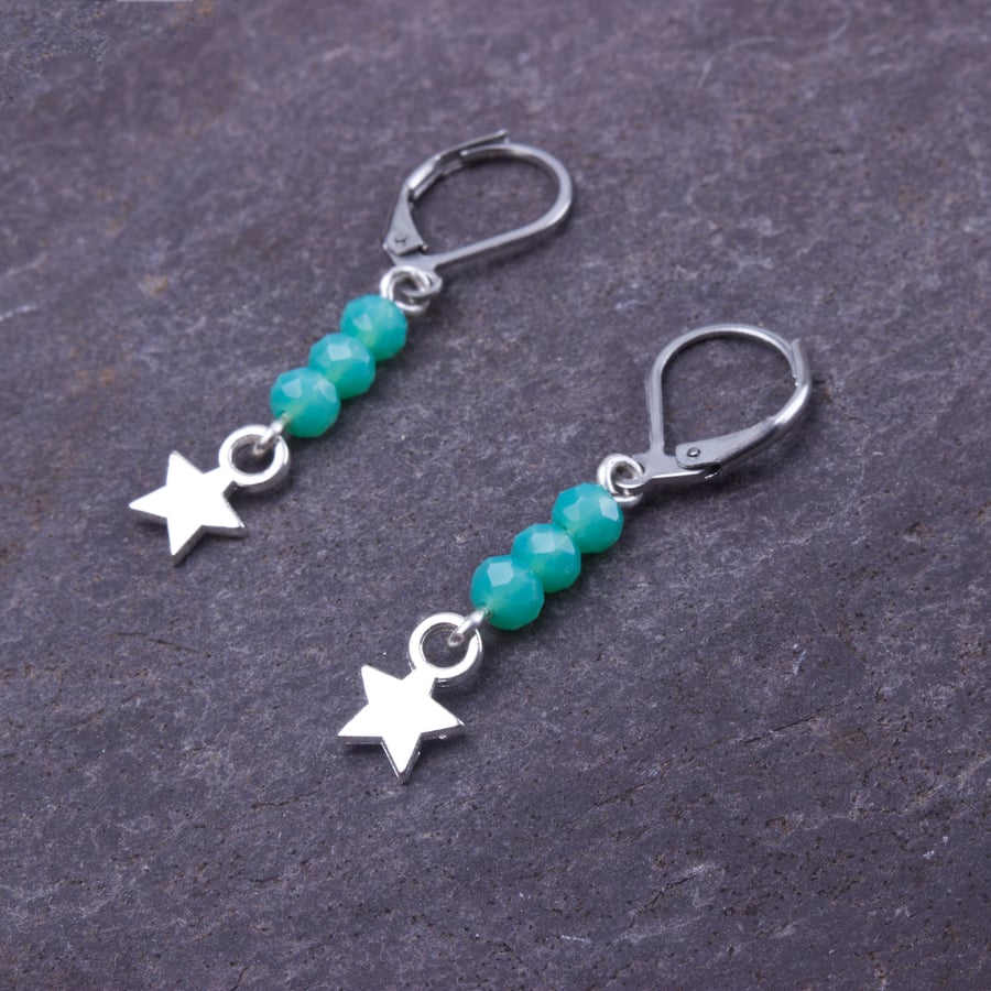 Star earrings - small green bead and silver star dangle earrings - Boho jewelry