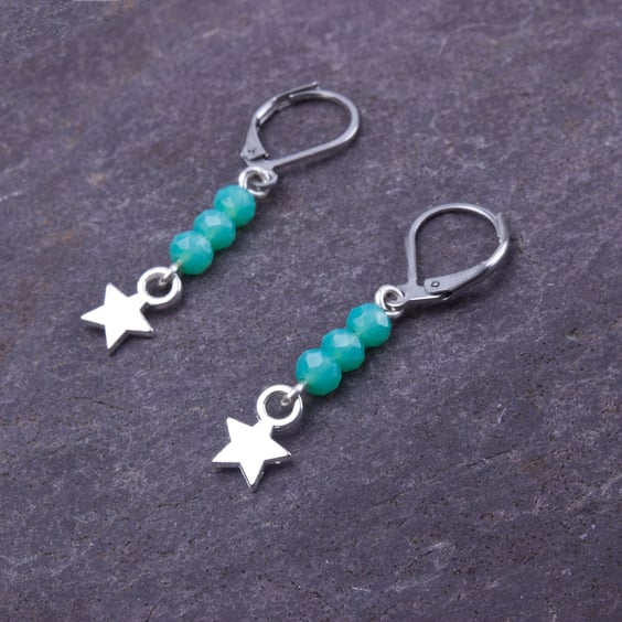 Star earrings - small green bead and silver star dangle earrings - Boho jewelry