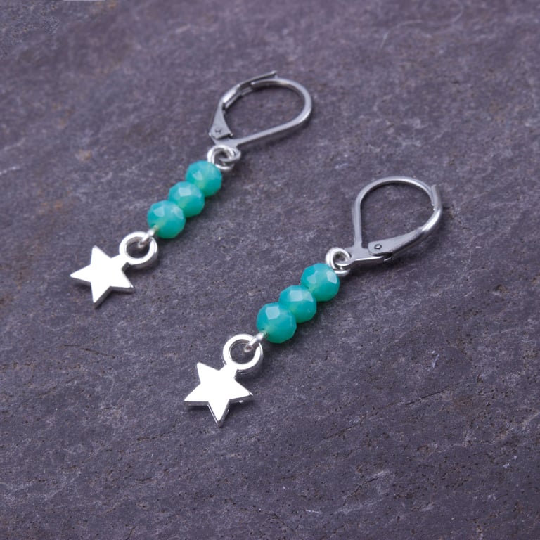 Star earrings - small green bead and silver star dangle earrings - Boho jewelry