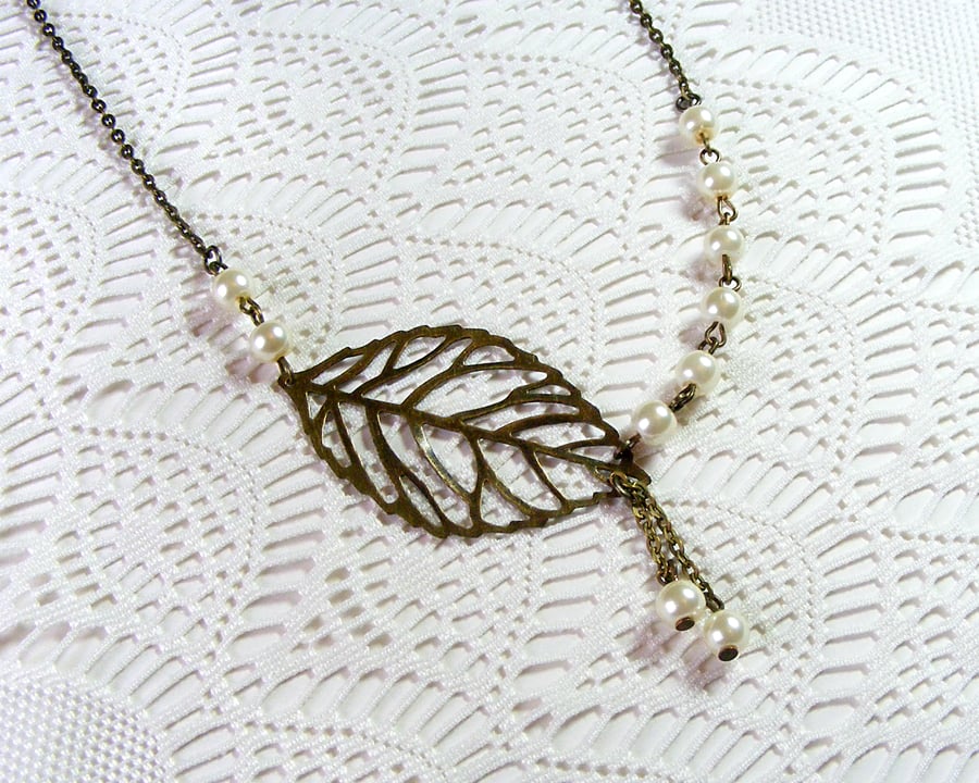 Bronze Necklace with Ivory Glass Pearl Beads and Leaf Detail