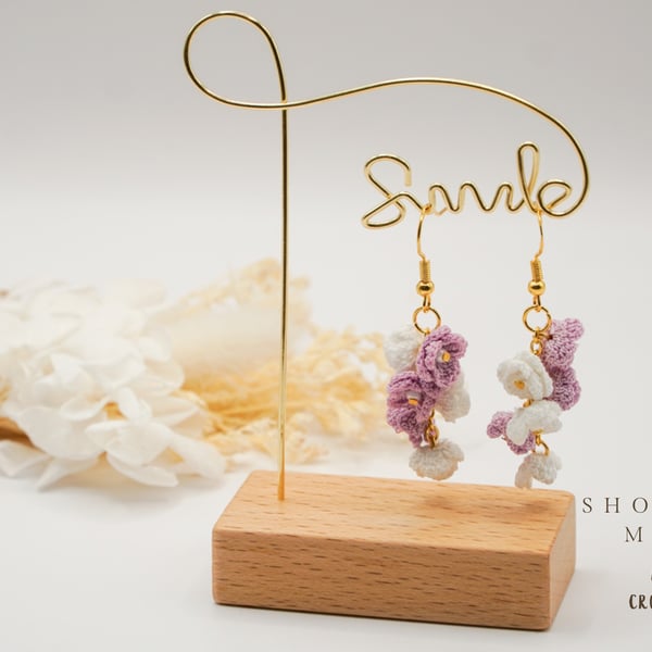 Elegant drop flower crochet earrings, sterling silver hooks in golden tone