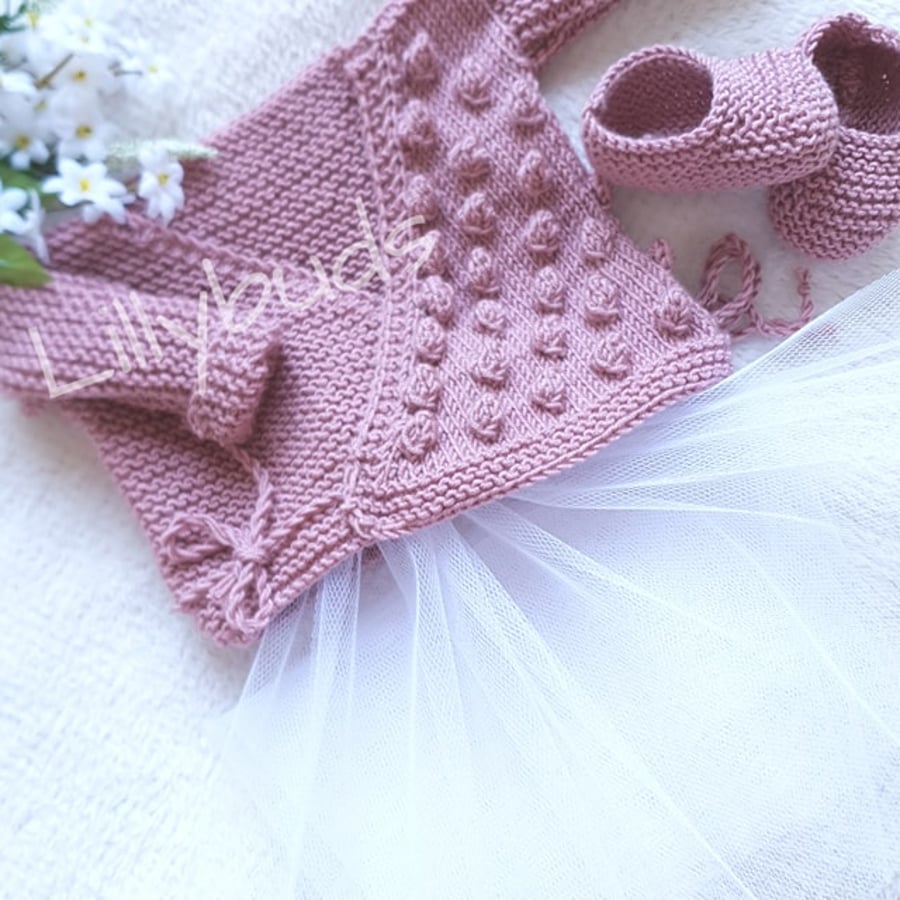 Hand knitted, Ballet Style, Wrap over Cardigan and Slippers 0-3 months