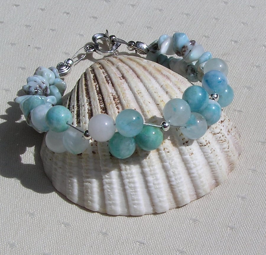 Turquoise Hemimorphite & Larimar Crystal Gemstone Bracelet "Dominican Buddha"