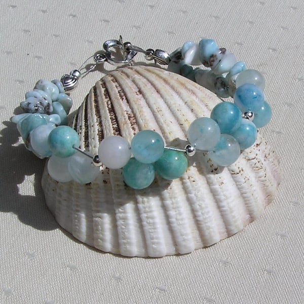Turquoise Hemimorphite & Larimar Crystal Gemstone Bracelet "Dominican Buddha"