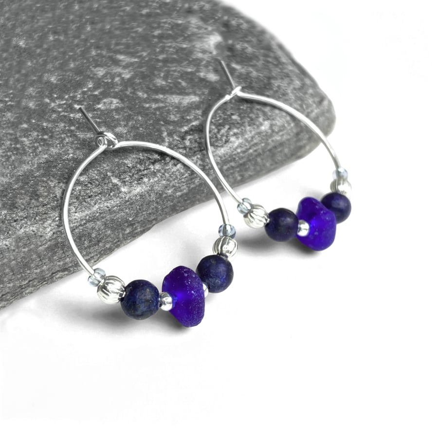 Blue Glass Hoop Earrings. Small Blue Sterling Silver Lapis Lazuli Beaded Hoops